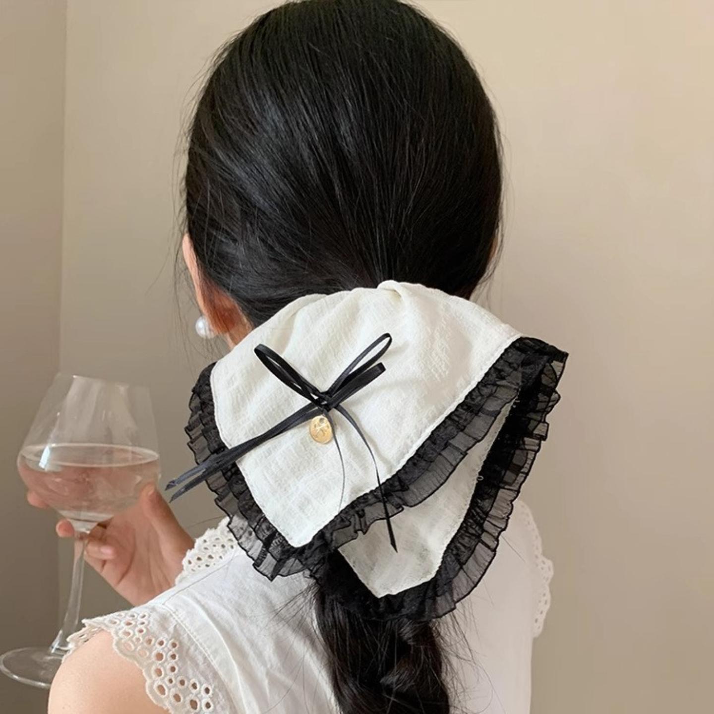法式芭蕾风蝴蝶结米色方巾发圈女