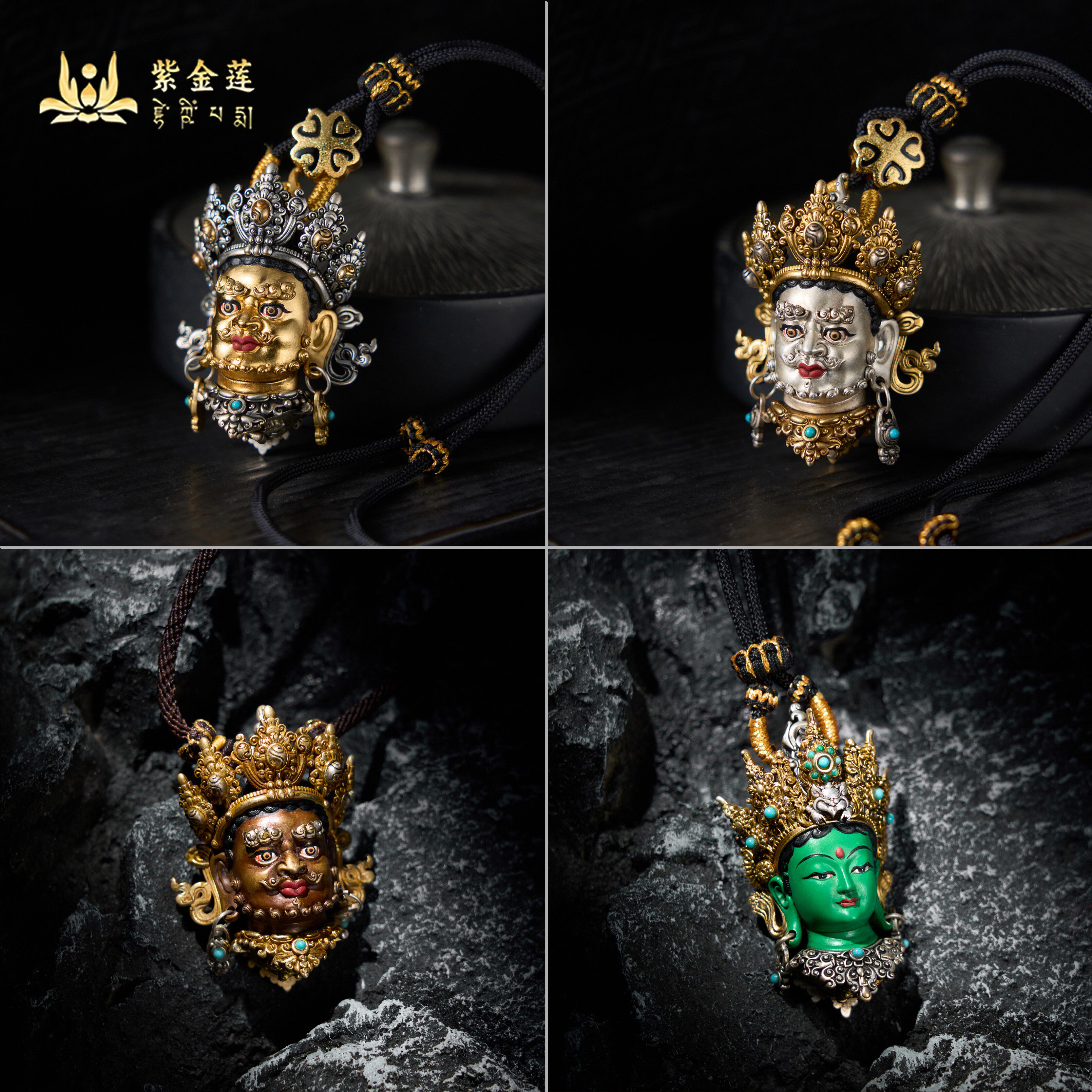紫金莲尼泊尔工艺藏传精品吊坠24k金纯银黄财神绿度母錾刻饰品