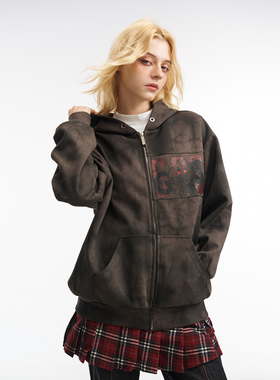 GOST美式复古恶魔角小兔斑驳迷彩拉链卫衣女连帽衫情侣款开衫外套