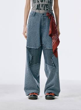 GOST豹纹星星拼接牛仔长裤高腰宽松显瘦设计感直筒阔腿裤男女同款