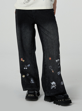 GOST【王琳凯同款】渐变趣味印花牛仔长裤美式复古潮牌直筒阔腿裤