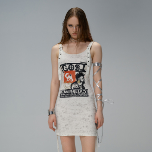 GOST朋克人物字母印花吊带裙朋克摇滚高级感背心T恤吊带连衣裙