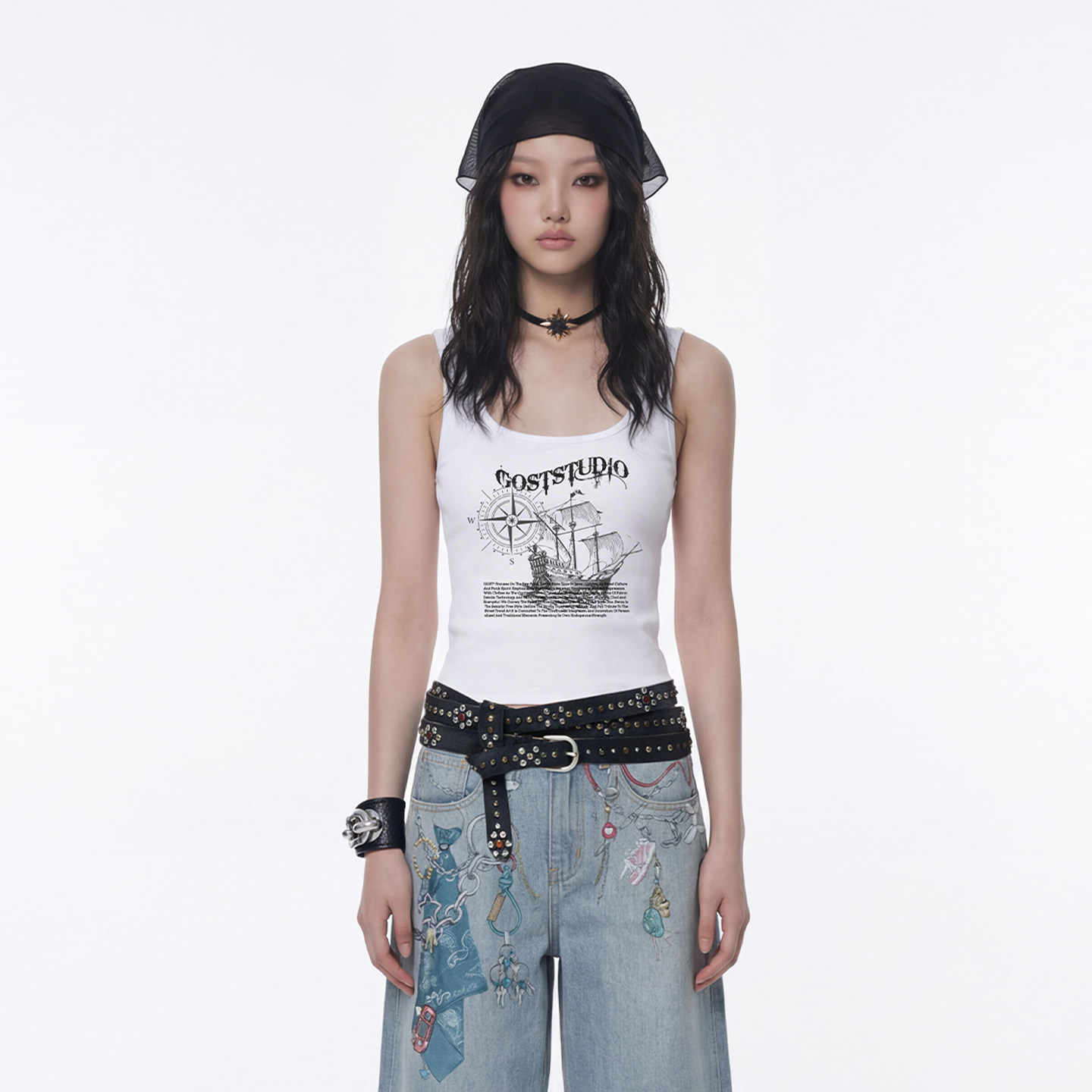 GOST美式复古朋克无袖吊带背心潮牌海盗船印花辣妹修身打底上衣