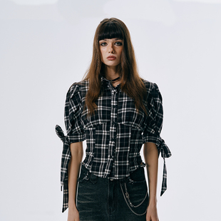 GOST格纹绑带短款衬衫文艺风短款上衣泡泡袖设计修身短袖夏