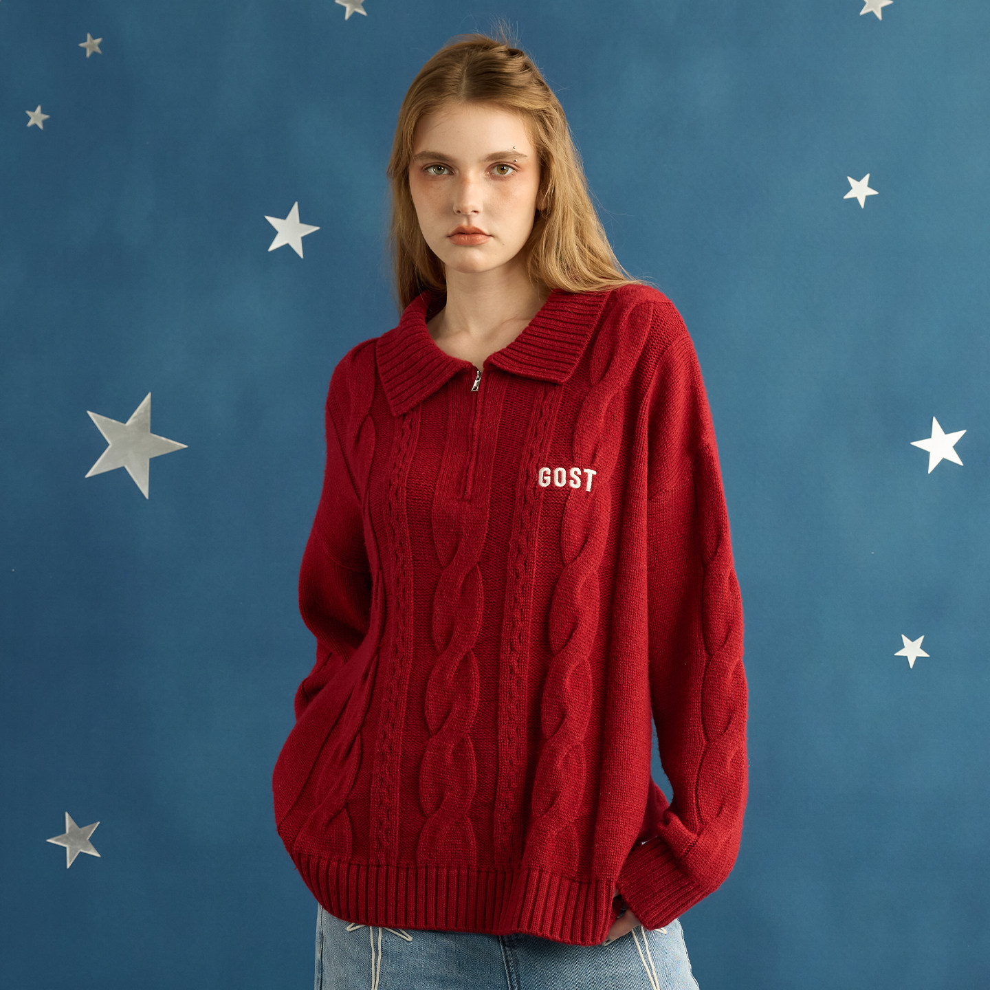 GOST刺绣POLO领套头麻花翻领新年毛衣情侣款休闲百搭针织衫上衣