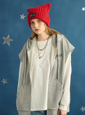 GOST基础坎肩刺绣连帽宽松卫衣无袖背心叠穿开衫外套马甲