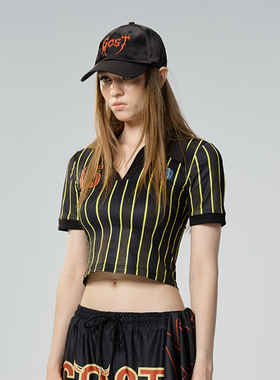 GOST复古撞色条纹Polo领T恤女夏季小众美式辣妹修身短袖上衣