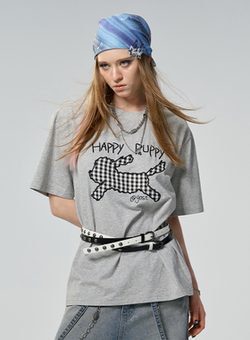 GOST格纹狗狗贴布绣短袖女修身短款夏季宽松百搭圆领情侣T恤上衣