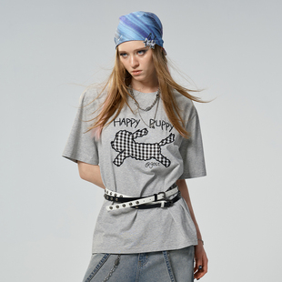 GOST格纹狗狗贴布绣短袖女修身短款夏季宽松百搭圆领情侣T恤上衣