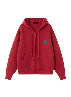 GOST红色新年款皮质大G带帽针织开衫毛衣外套情侣款