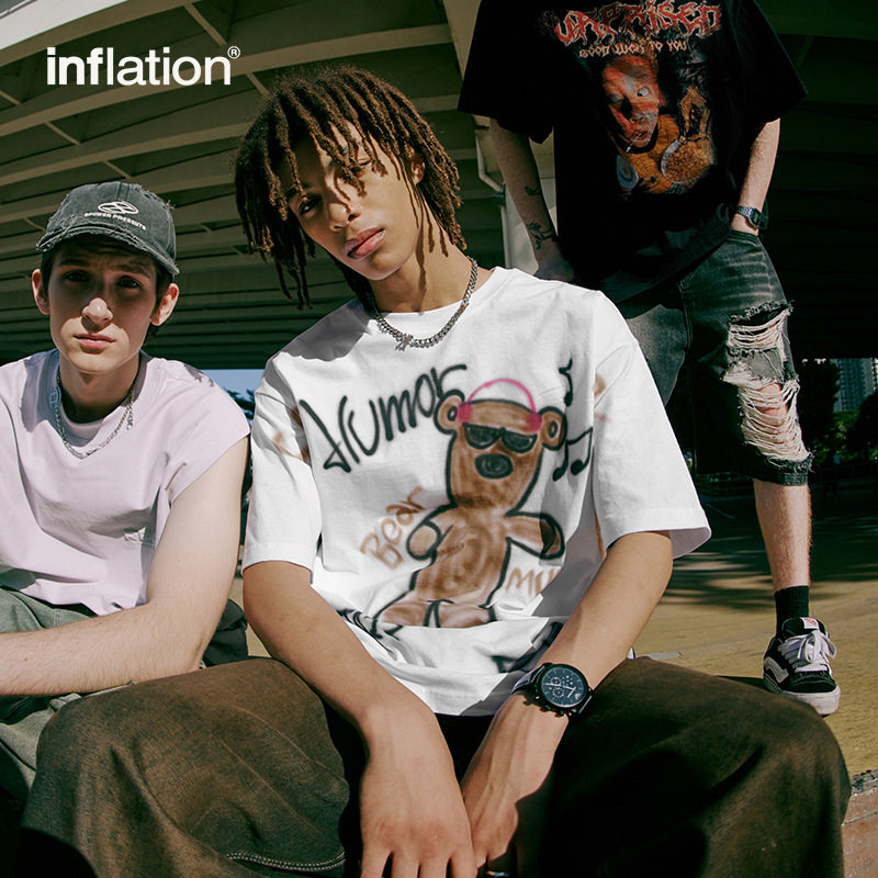 喷绘音乐小熊印花T恤2024春夏新品宽松潮牌男式圆领上衣