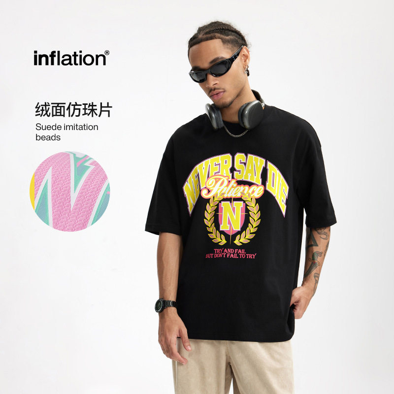 学院印花T恤2025春夏新品潮牌绒面仿珠片美式宽松短袖男