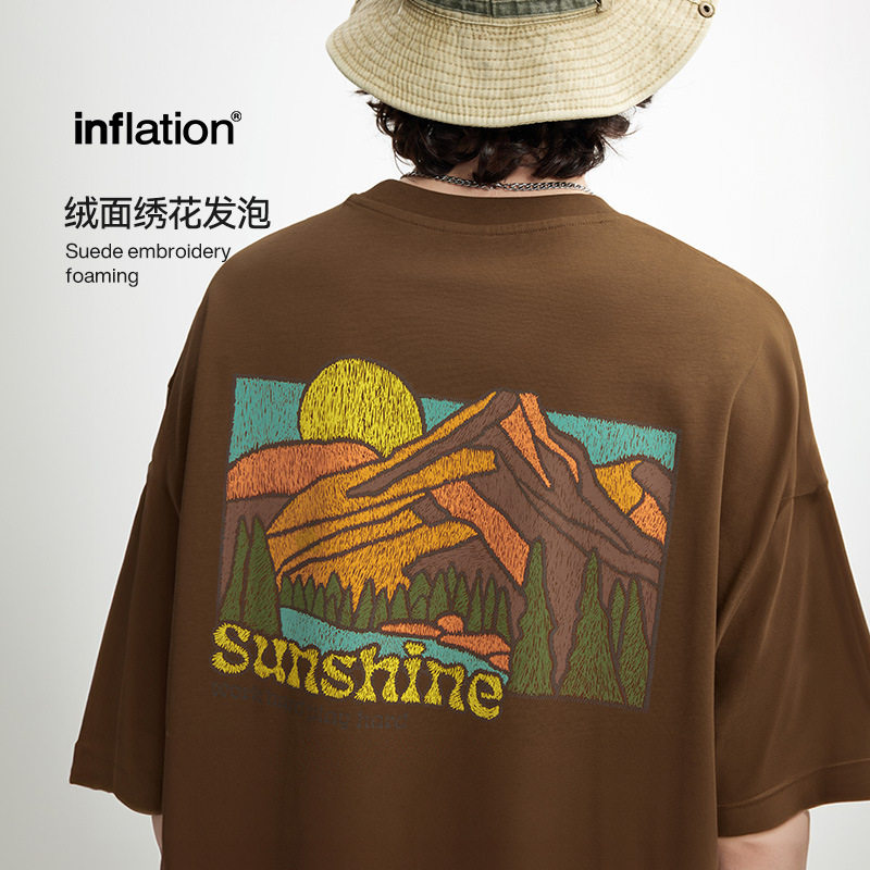 户外绣花发泡印花T恤2025春夏美式街头休闲重磅男式短袖