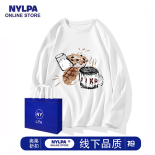 NYLPA美式复古白色长袖t恤女纯棉薄款2025新款宽松慵懒风外穿上衣