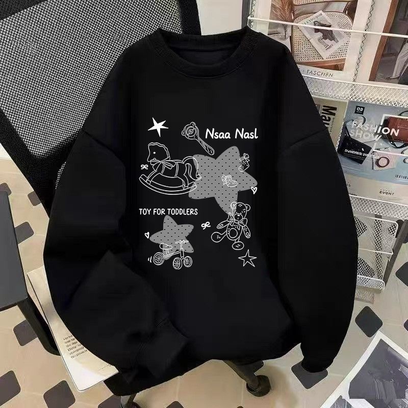 可爱童趣木马小熊星星印花圆领卫衣男女秋冬款宽松慵懒风学生百搭