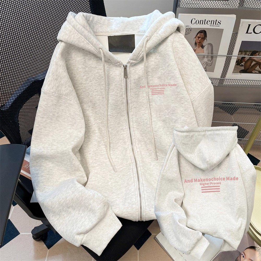 美式秋冬粉色英文加绒加厚卫衣外套男宽松版oversize连帽衫上衣潮