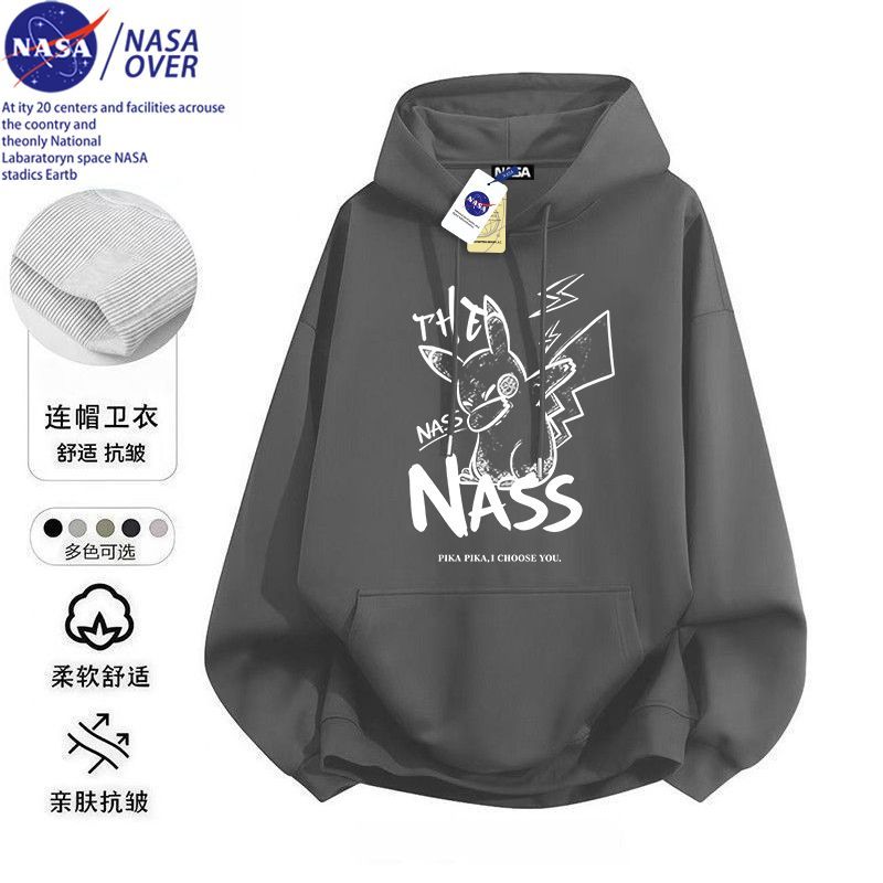NASA日系线稿皮卡丘怀旧动漫潮酷痞帅秋冬季连帽卫衣男女同款学生