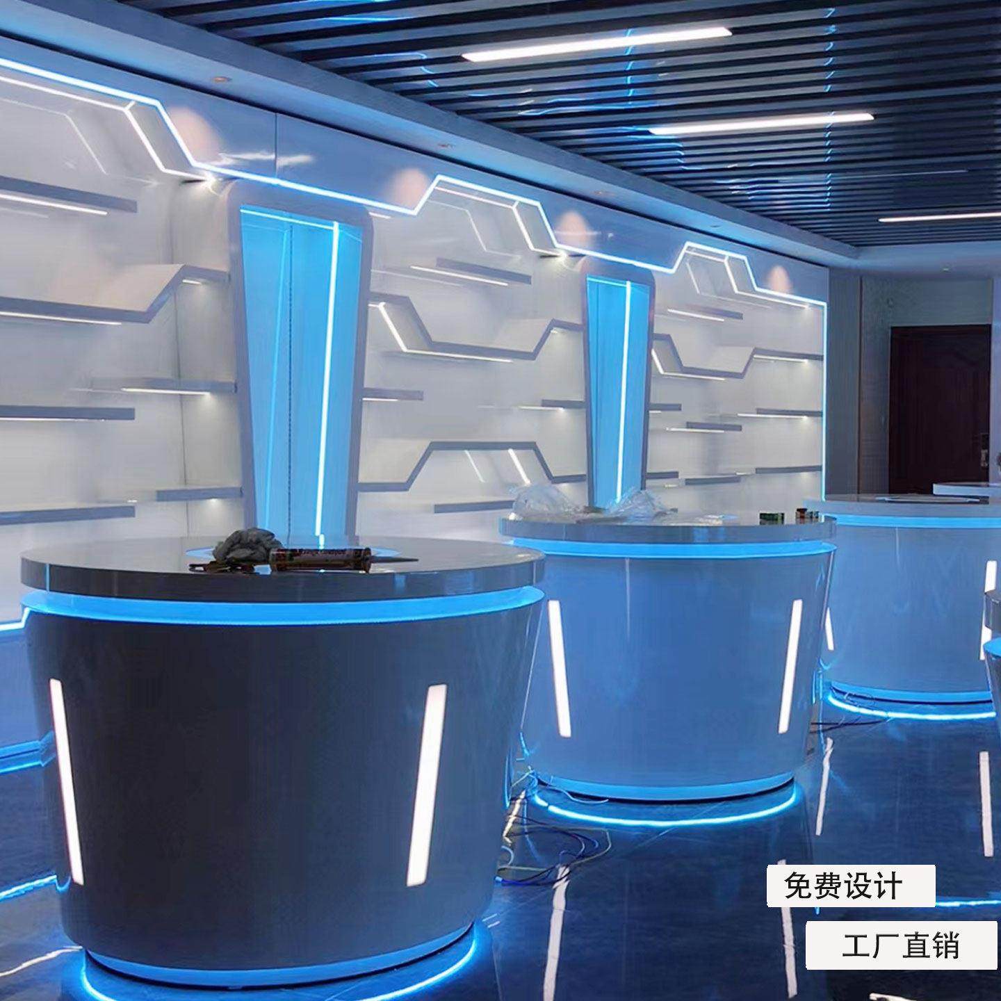 科技感展厅烤漆展示柜圆形展示桌中岛体验台异形发光展台