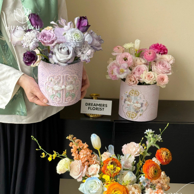 新中式国风刺绣圆形抱抱桶花艺盒