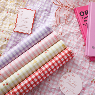 甜妹风格子雪梨纸包装纸樱桃蝴蝶结褶皱内衬包花纸花艺diy资材ins