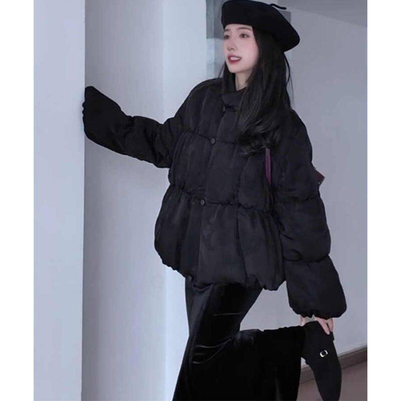 黑色羽丝绒棉服女冬季高级感时尚2024新中式国风文艺加厚宽松外套