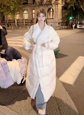 白色羽绒棉服新款腰带收腰大翻领长款加厚保暖外套女