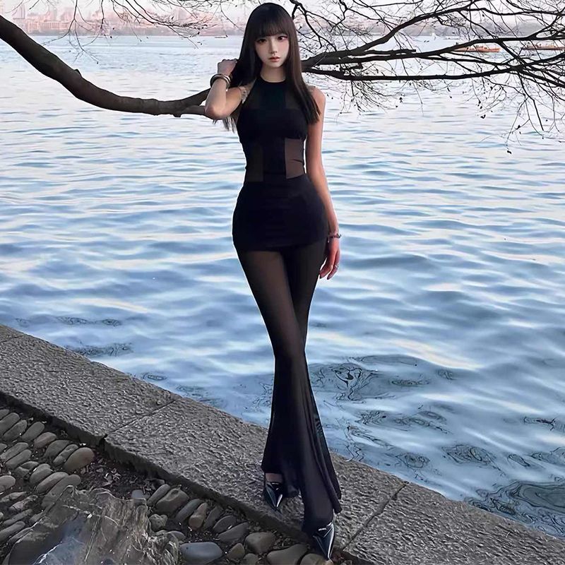 欧美辣妹风十字网纱拼接