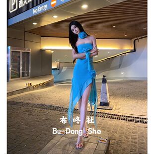 夏日海边度假氛围感连衣裙女立体花朵简约抹胸不规则飘带礼服裙