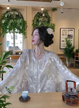 2024新款新中式国风禅意高级感白色印花衬衫阔腿裤套装女