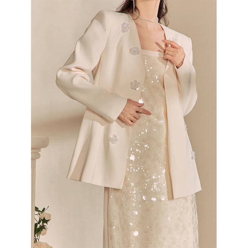 春季穿搭一整套花朵西服外套亮片吊带礼服裙小香风套装两件套气质