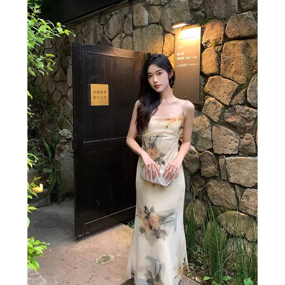 中式复古连衣裙印花吊带夏季气质修身法式连衣裙吊带长裙