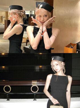 「Rachel」黑色修身连衣裙女平领无袖/侧边镂空/裙子