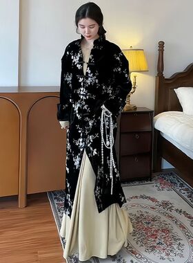 新中式改良复古唐装黑色长款盘扣外套内搭连衣裙两件套装女冬