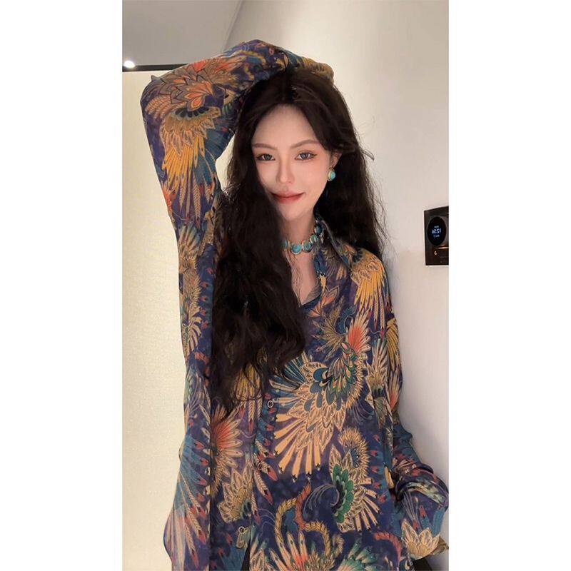 2024秋季轻奢高级感印花轻薄防晒衬衫女高端欧货洋气别致独特薄款