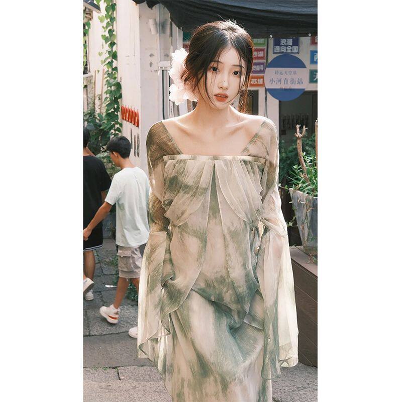 高端精致新中式复古国风独特超好看长裙绿色油画晕染连衣裙子女春