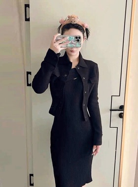 卜斯斯同款立体剪裁自动收腰纯黑黑色密织单排扣口袋开衫外套
