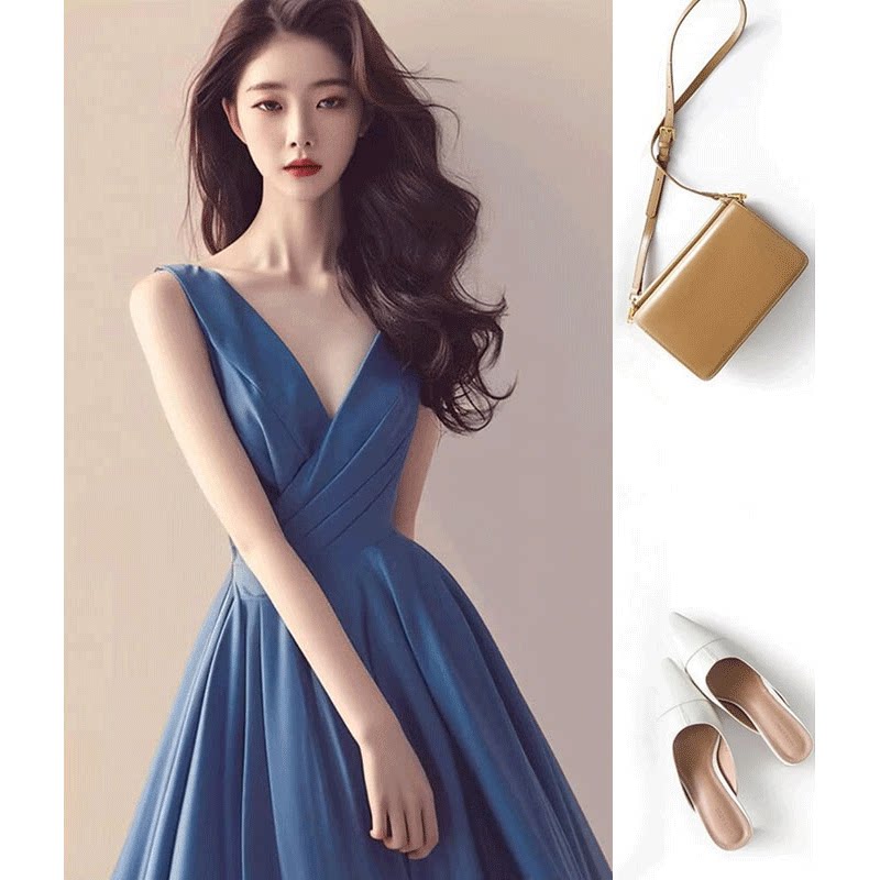 夏季女装气质名媛高端正式场合蓝色无袖连衣裙简单大方得体的裙子