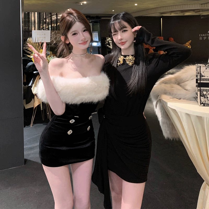 2025春季新款名媛设计感收腰丝绒高腰高定连衣裙女