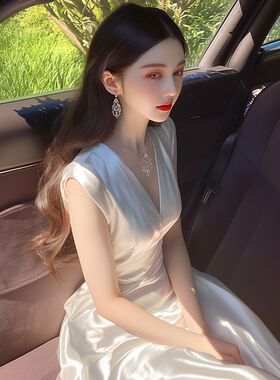 高端精致白色缎面无袖连衣裙夏季超好看生日宴会礼服法式v领长裙