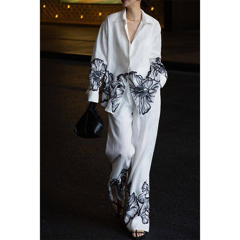 小香风时尚套装女夏季新款气质名媛欧货高端白色衬衫阔腿裤两件套