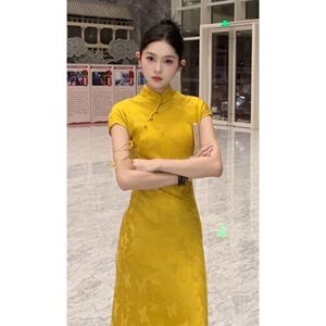 新中式国风黄色旗袍连衣裙女夏季2024新款轻奢高级感绝美气质裙子