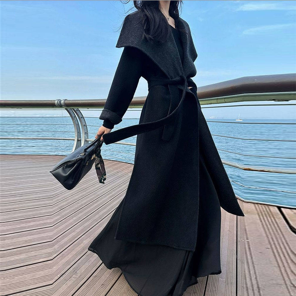黑色小众慵懒风呢子大衣高级感中长款韩版宽松双面呢外套