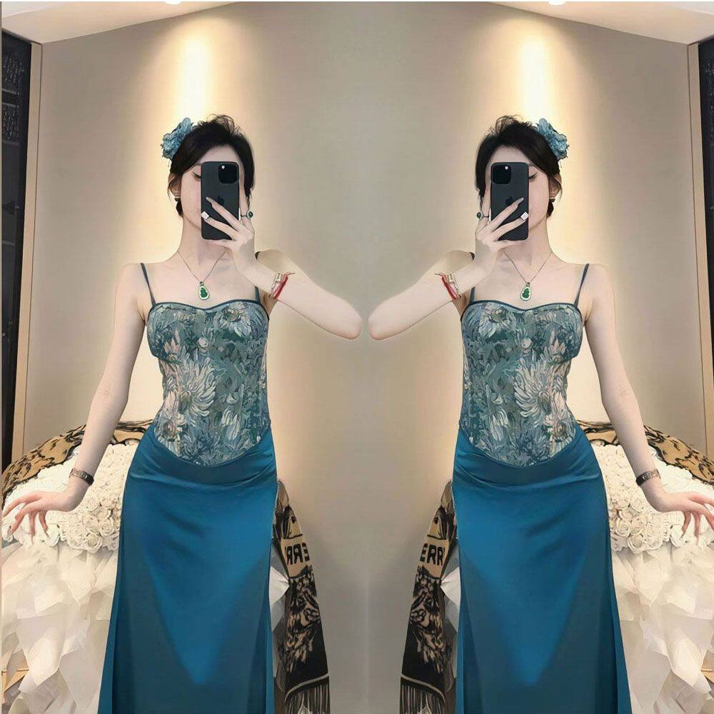 2025夏新款印花修身复古吊带抹胸上衣高腰半身裙套装