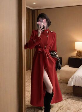 2025小香风红色外套女高级感长款小众设计感收腰大衣冬季