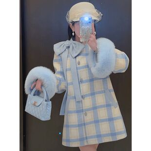 2024冬季狐狸毛斗篷外套女中长款大衣蝴蝶结简约格子拼色上衣外套