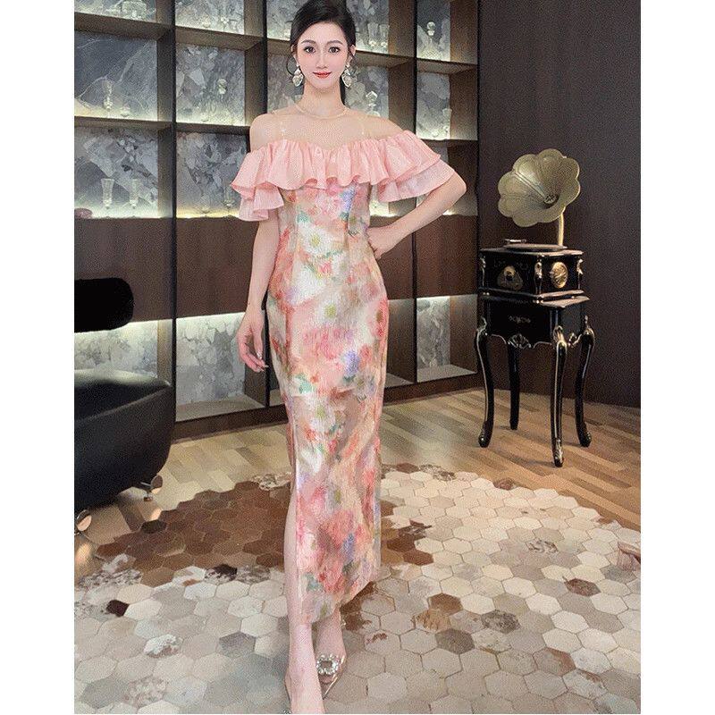 欧洲站粉色连衣裙女装夏季荷叶边一字肩修身气质名媛风情万种裙子