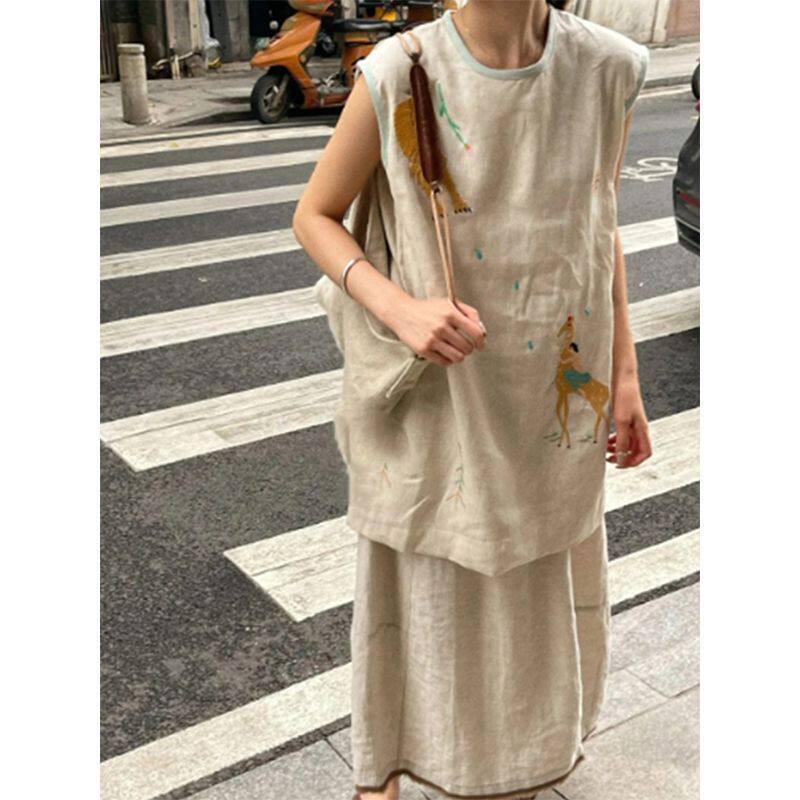 新中式国风套装森系无袖时尚小众设计两件套半裙宽松显瘦气质