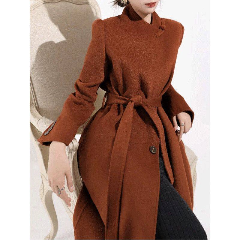 2026秋冬季新中式烟草棕盘扣双面呢子大衣女中长款双面毛呢外套女