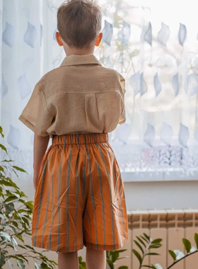 Let's Chill儿童夏季纯色条纹短袖衬衫时尚舒适简约欧美范上衣