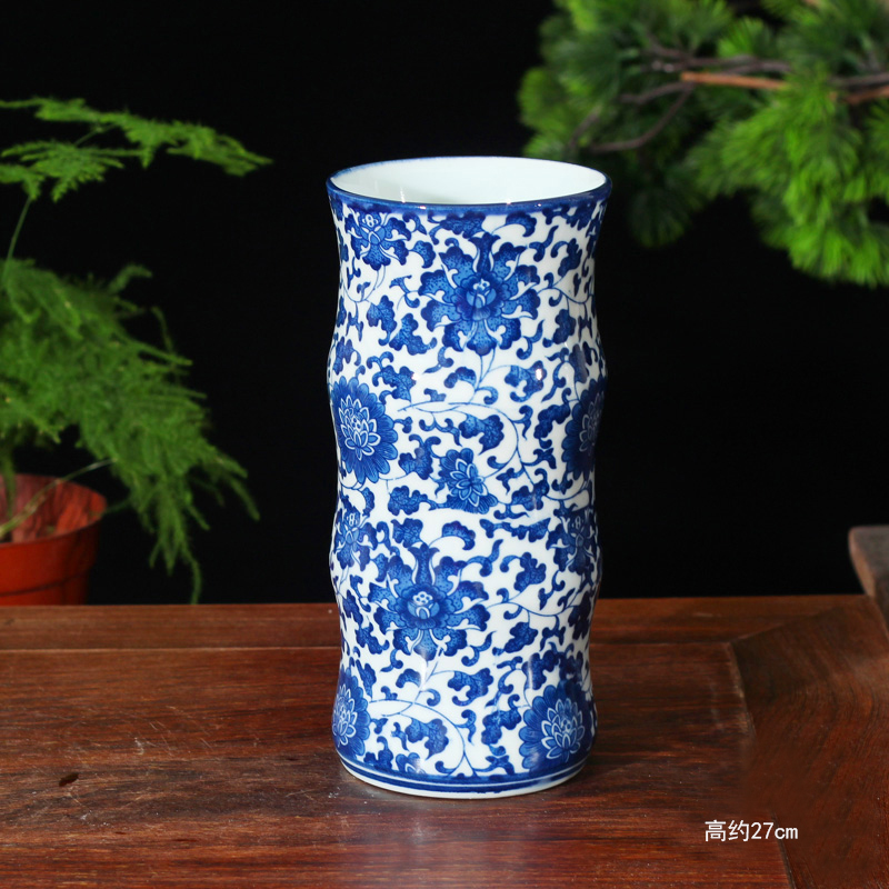 青花陶瓷笔筒 中式高雅文化笔筒 青花瓷器笔筒个性 瘦小直筒花瓶